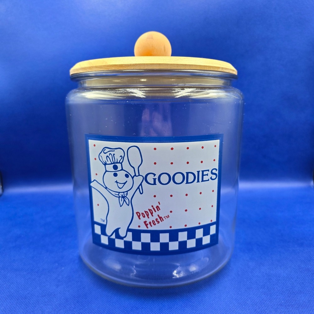 Vintage Pillsbury Doughboy Poppin Glass Canister Cookie Jar Wood Collector